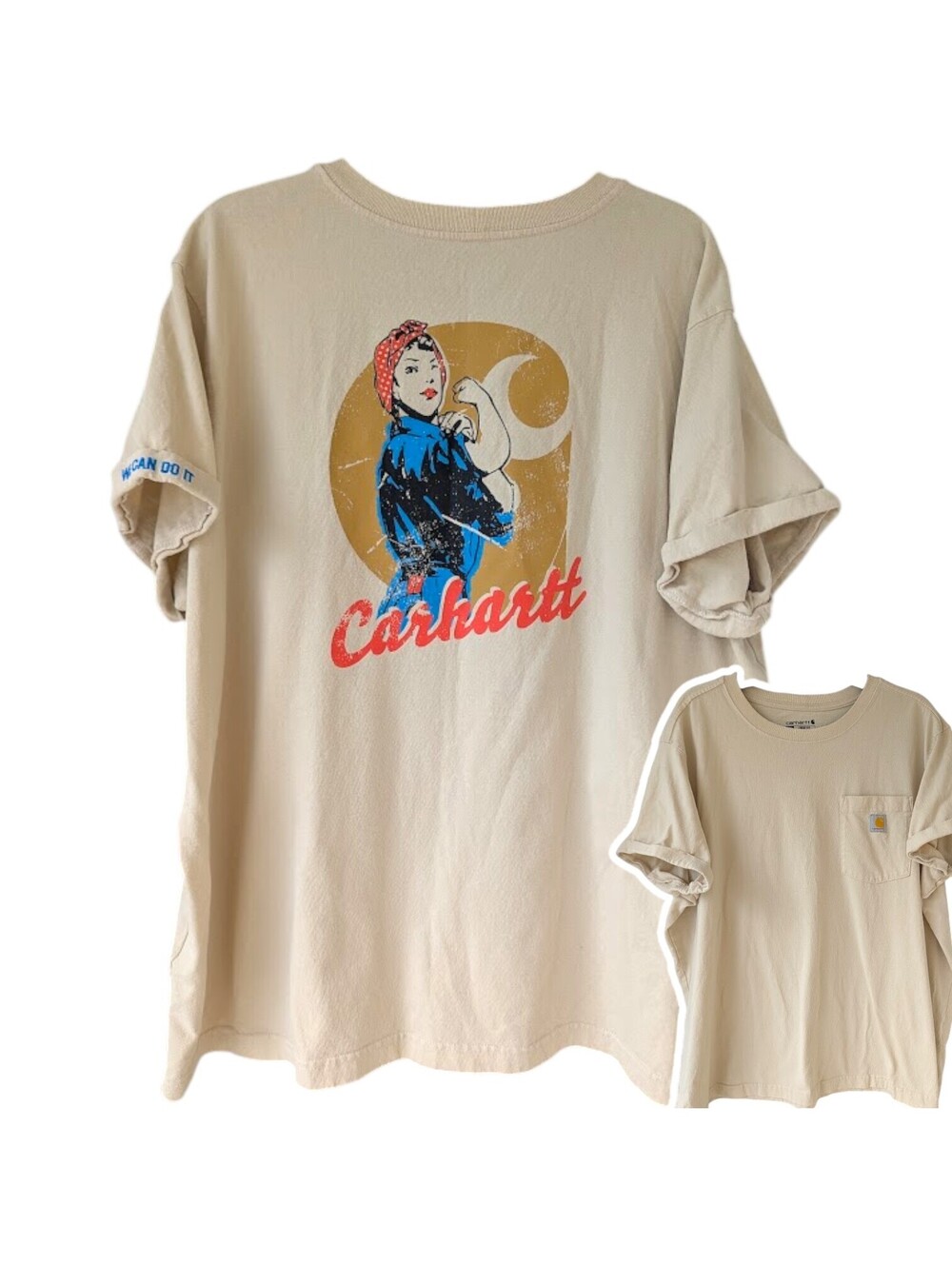 Carhartt Women's 2XL Graphic Pocket T-Shirt Rosie Oat Milk Beige Boxy 27.5x29
